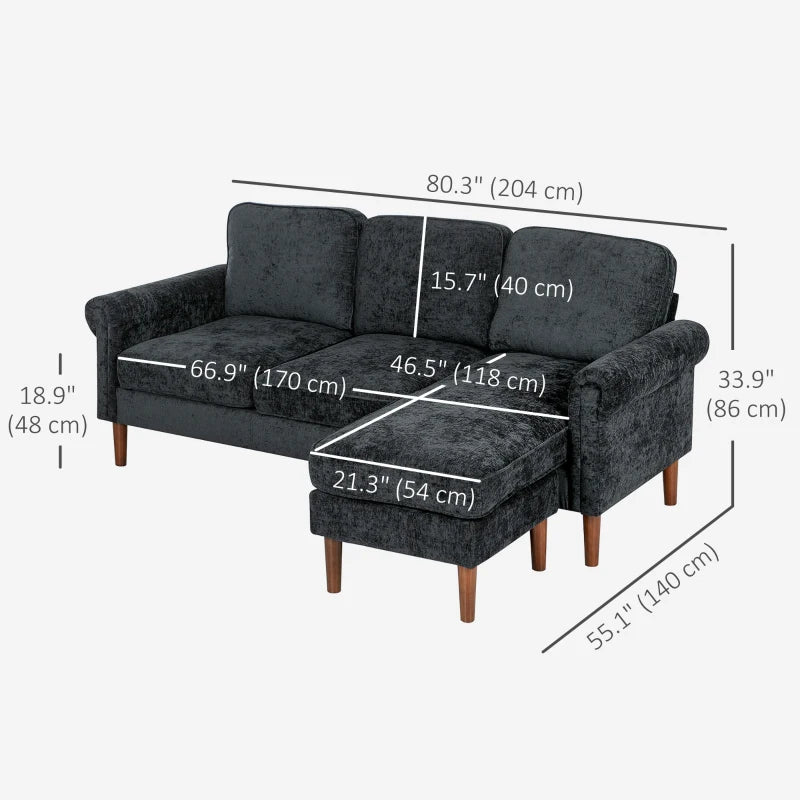 L Shape Sofa, Modern Sectional Couch with Changeable Chaise Lounge, Wooden Legs, Corner Sofa for Living Room, Black