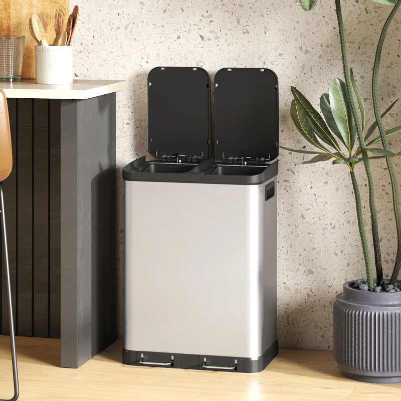 Kitchen Garbage Bin, 2 x 7.9 Gal (2 x 30 L) Trash Can, Soft-Close Garbage Can with Removable Inner Buckets, Silver
