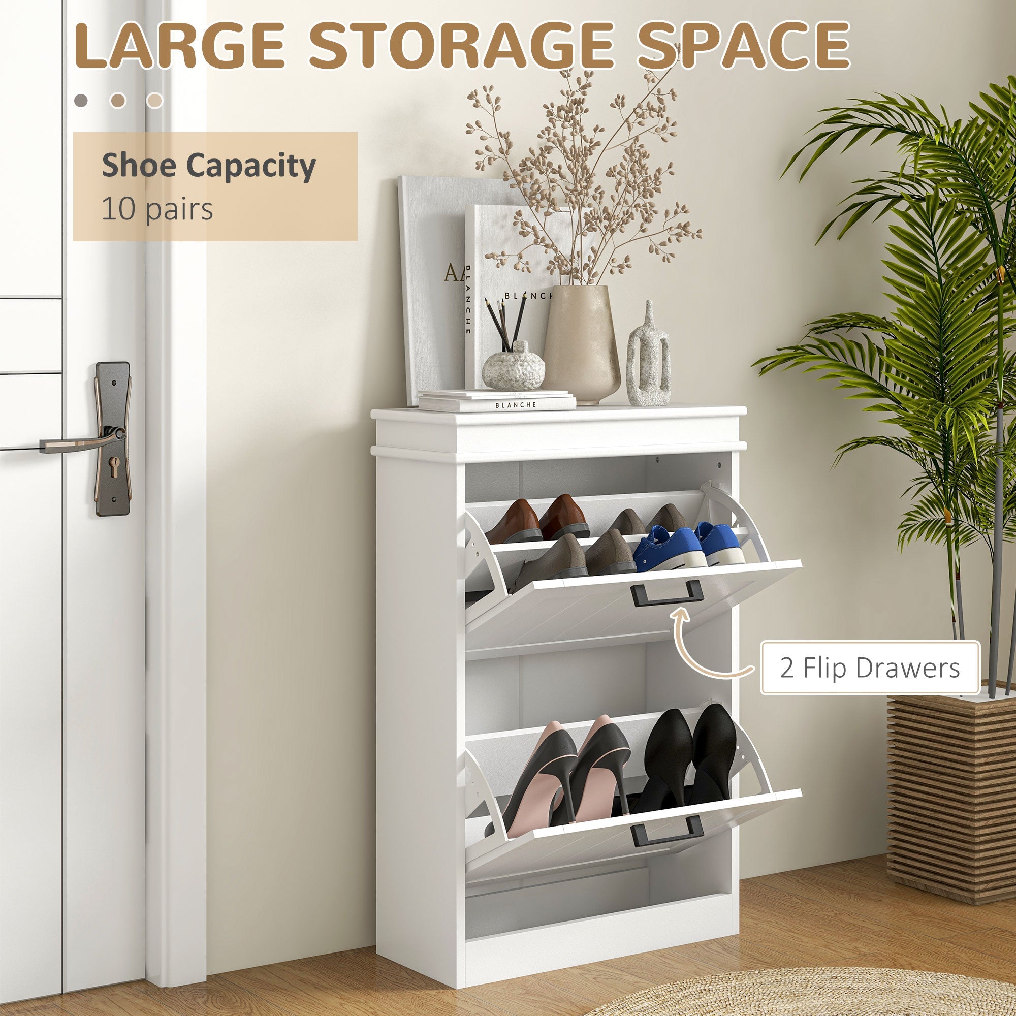 HOMCOM Compact Shoe Cabinet: 2 Flip Drawers & Adjustable Shelves for 10 Pairs of Shoes, White