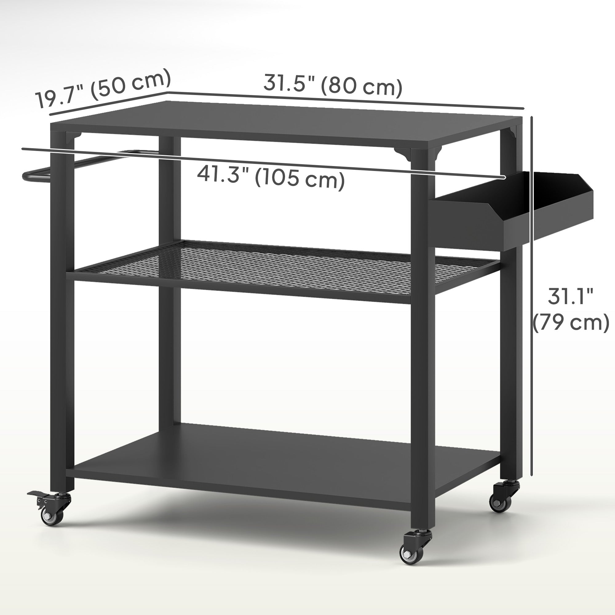 Outsunny 3-Tier Outdoor Grill Dining Cart with Storage Rack, Pizza Oven Stand with Side Handle, 4 Wheels for Backyard Party