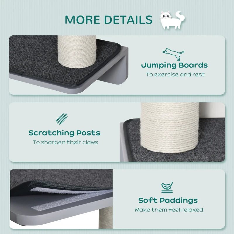 Wall-Mounted Cat Shelf with 4 Platforms and 3 Scratching Posts, Cat Wall Climber for Climbing and Lounging, Light Grey