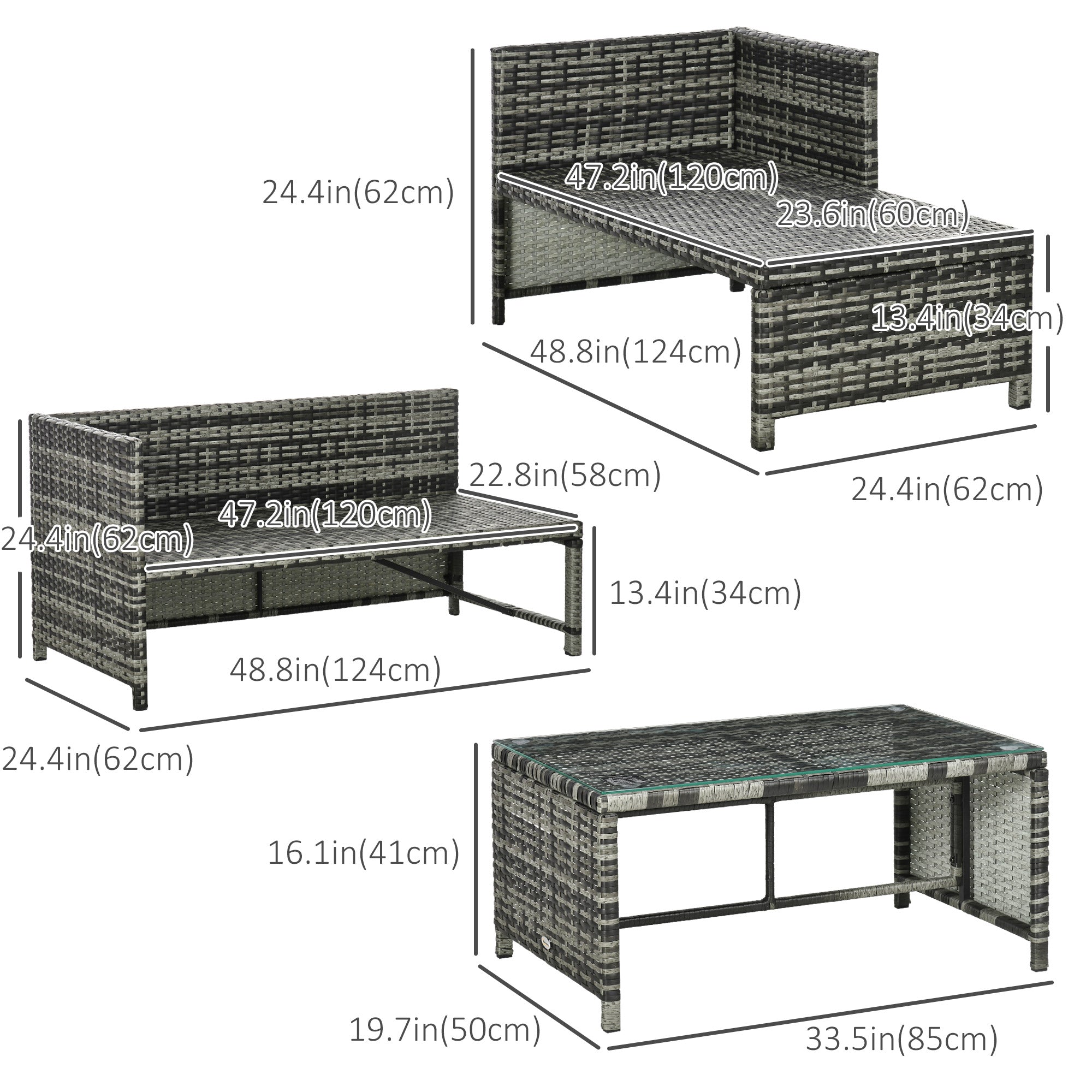 Outsunny Wicker Patio Retreat: 3PC Loveseat Chaise Lounge Set with Glass Table, Grey Cushions