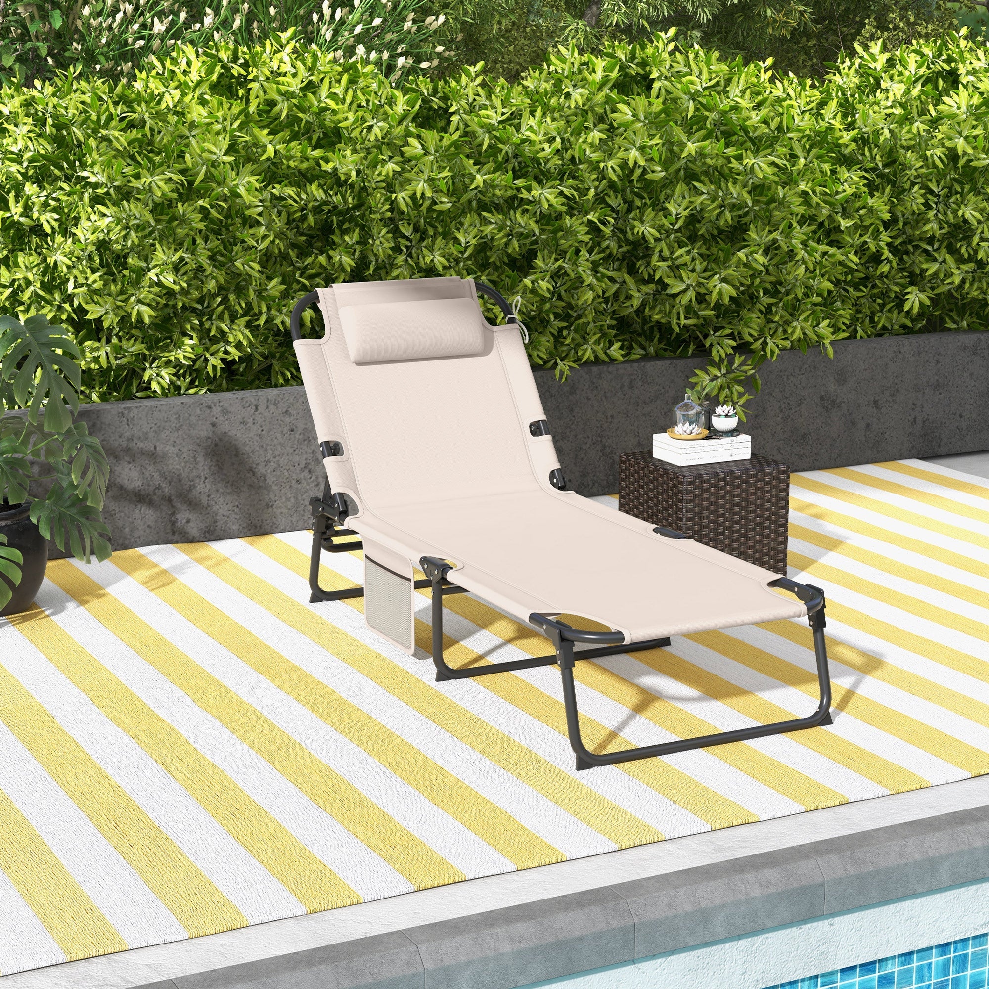 Outsunny Breathable Bliss: Folding Lounge Chair with Reclining Back, Cushioned Mesh Fabric, Side Pocket, and Headrest, Beige