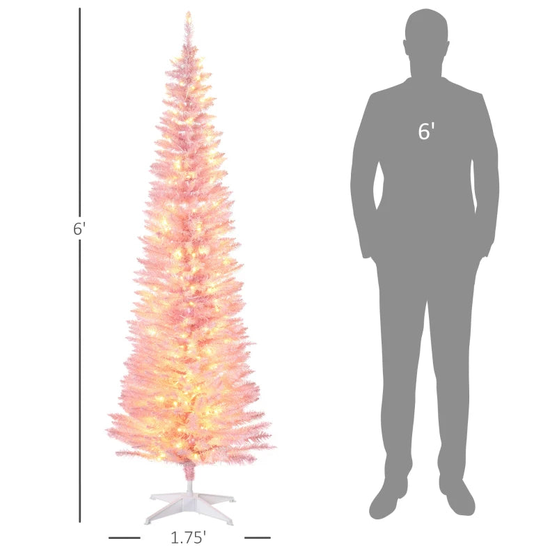 HOMCOM 6ft Pre-Lit Pencil Christmas Tree with Warm White LED Lights – Pink