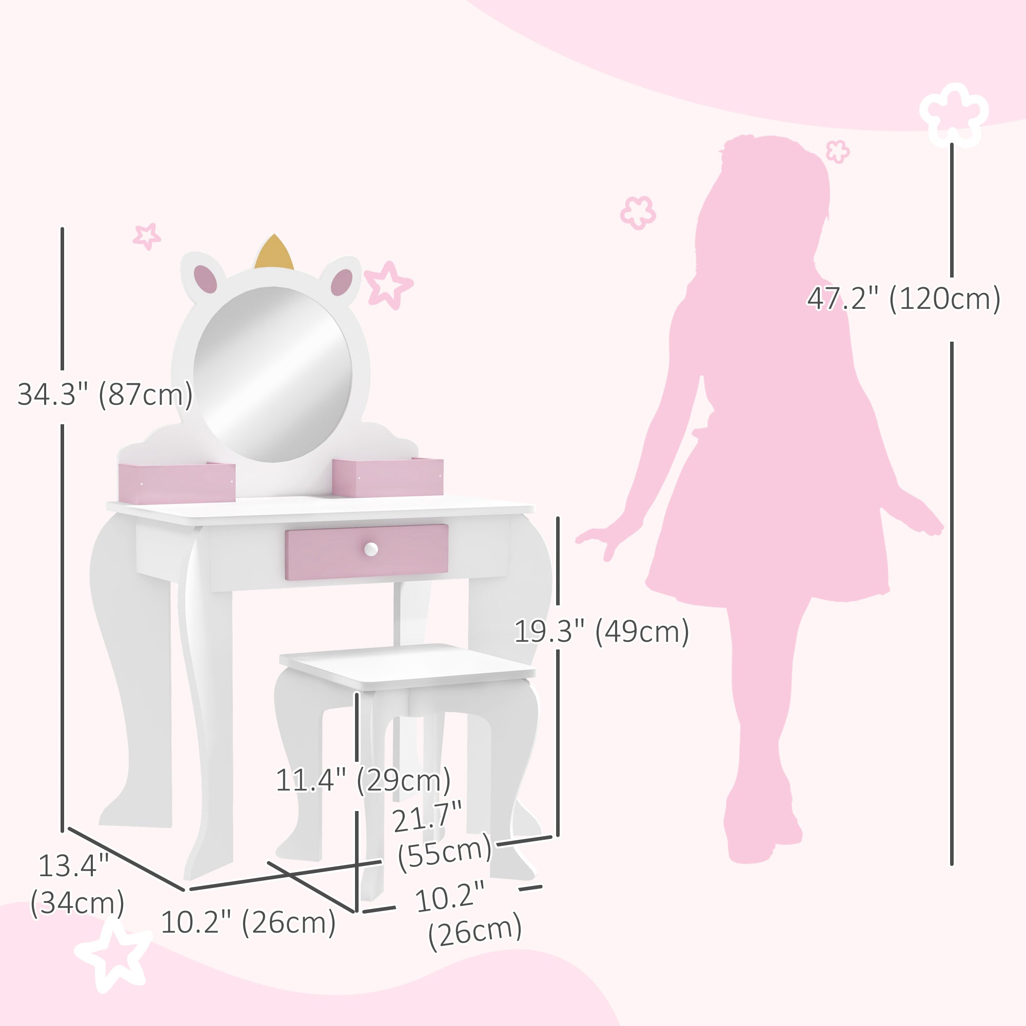 Qaba Unicorn Vanity Set: Stool, Mirror, Drawer, Storage Boxes for Kids, White