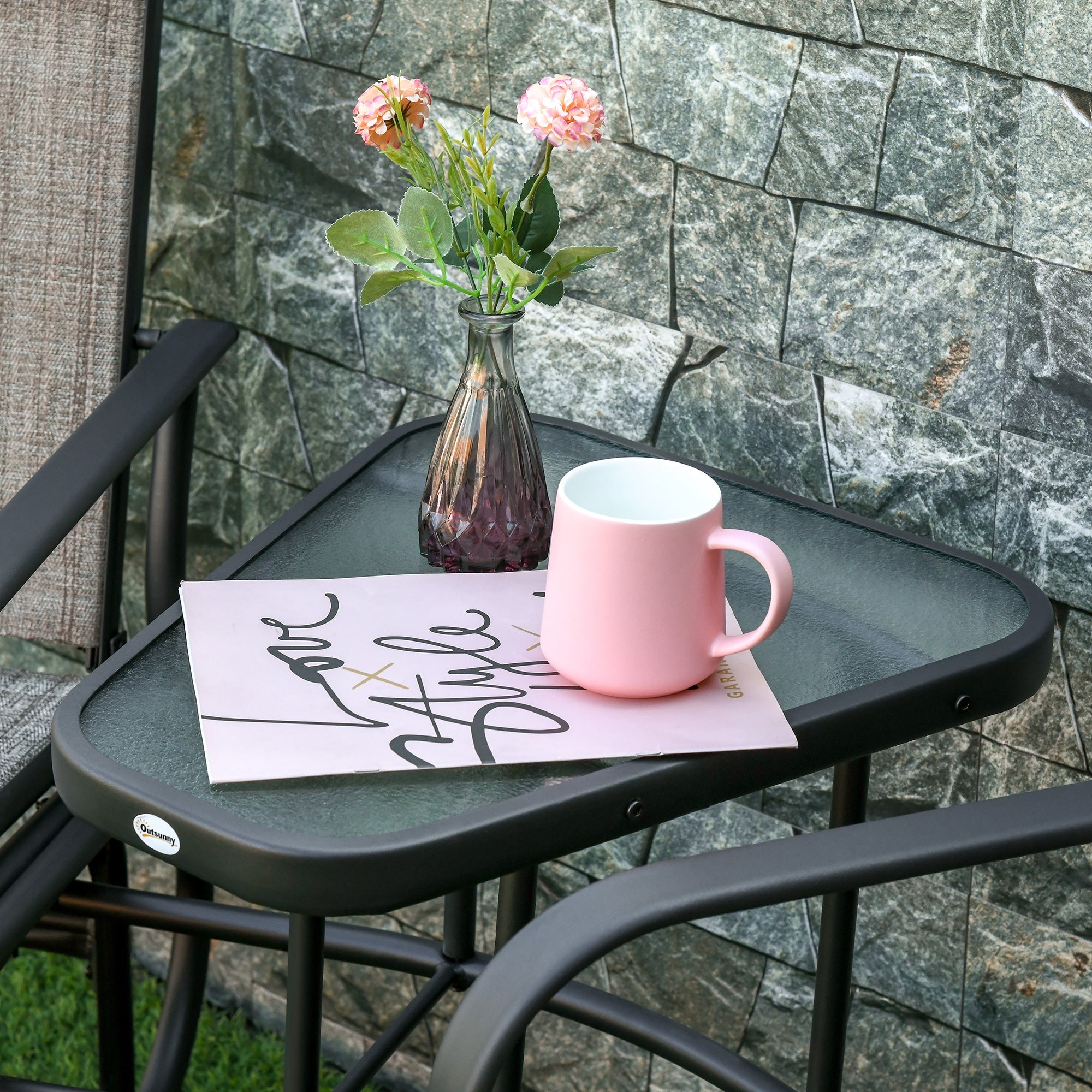 Outsunny Outdoor Glider Bench with Coffee Table, Patio 2-Seat Rocking Chair Swing Loveseat with Breathable Sling, Brown