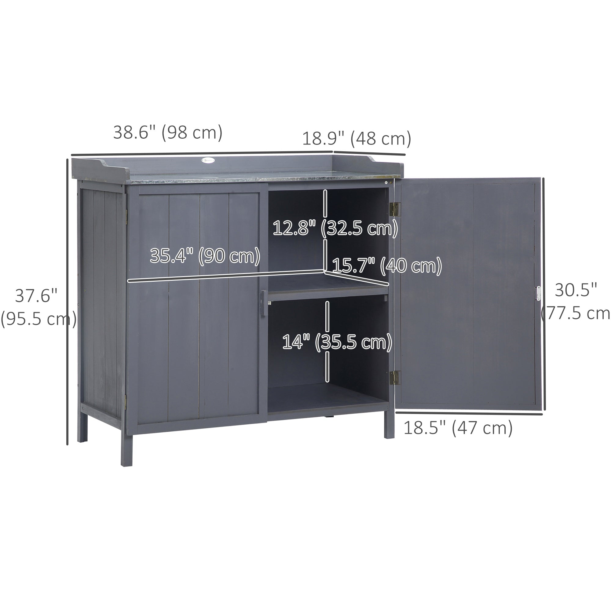 Outsunny Garden Storage Cabinet, Outdoor Potting Bench Table with Galvanized Top and Shelf, Tool Shed with Double Doors, Grey