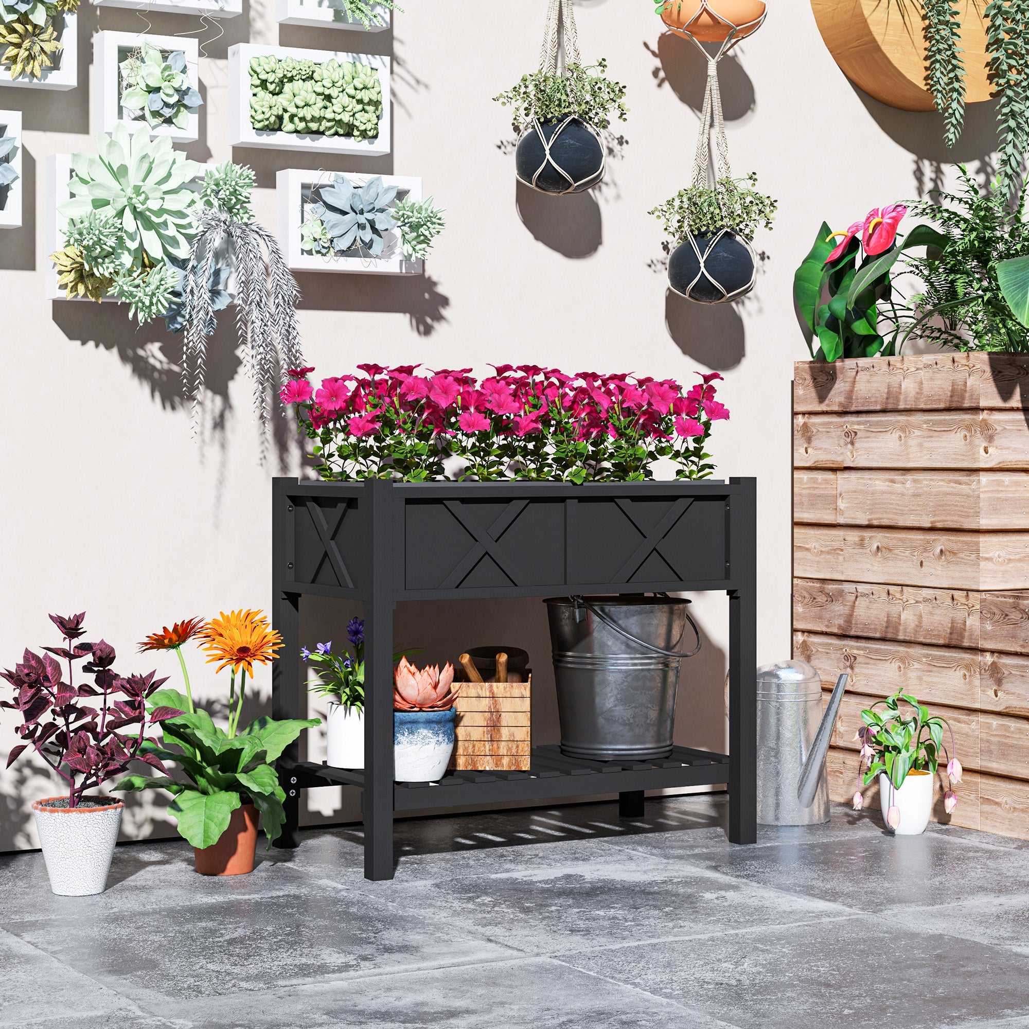 Outsunny Wooden Raised Garden Bed, Elevated Planter Box with Storage Shelf, Drainage Holes and Liner, 34" x 18" x 30", Black