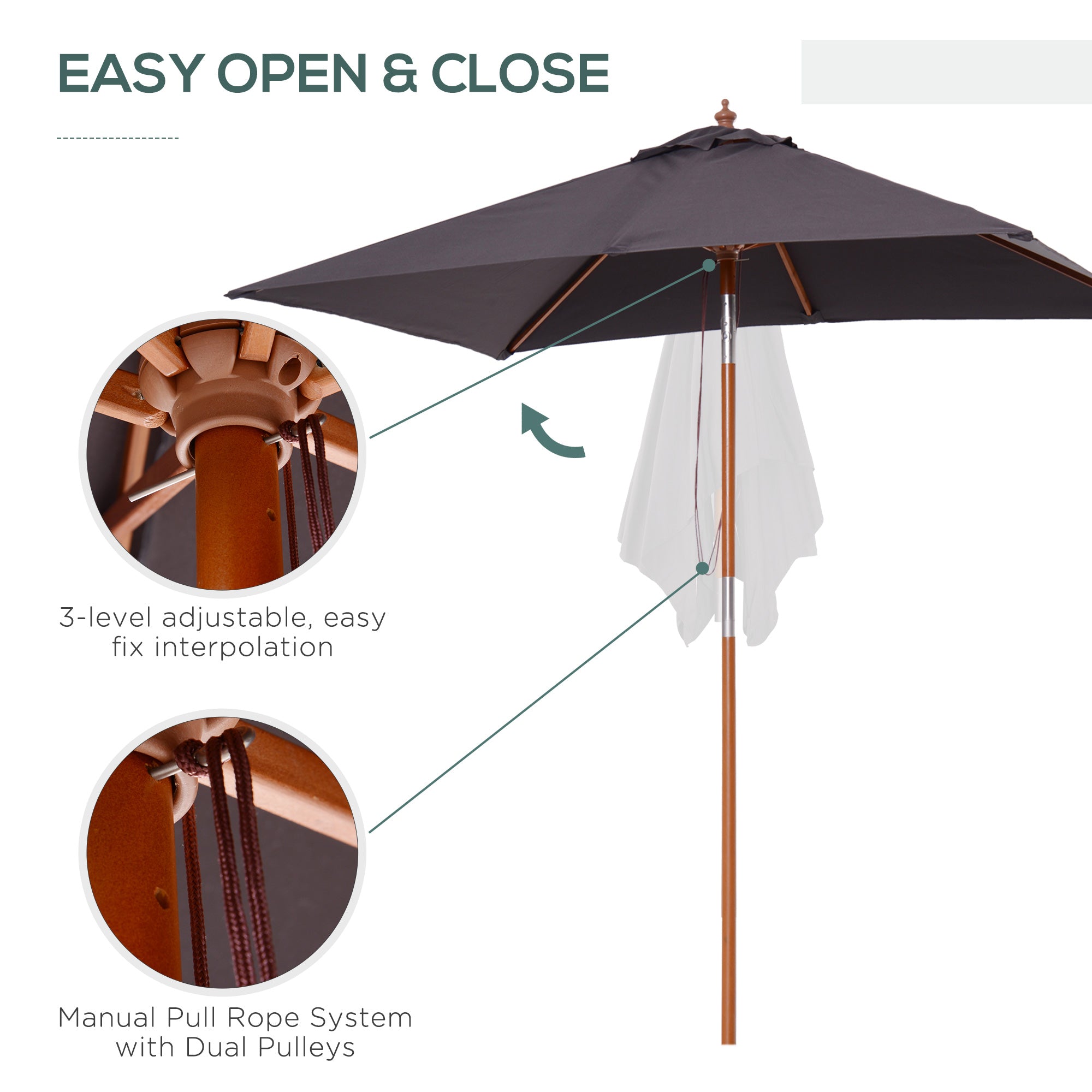 Outsunny Market Umbrella: 6.6x5ft Square Wooden Tilt 6 Bamboo Ribs Dark Grey