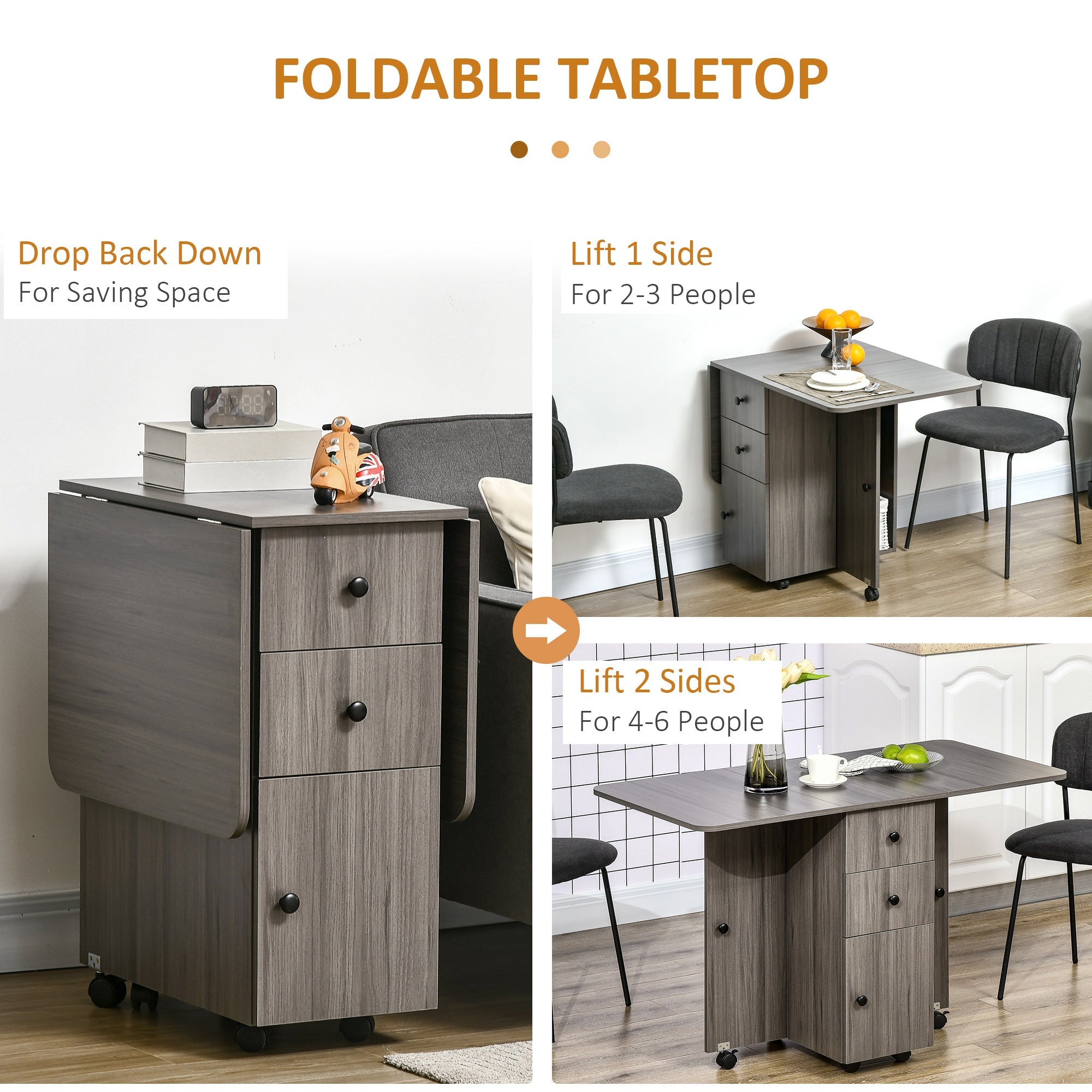 HOMCOM Foldable Rolling Kitchen Table with Storage Drawers Cabinet Drop Leaf Table on Wheels Grey