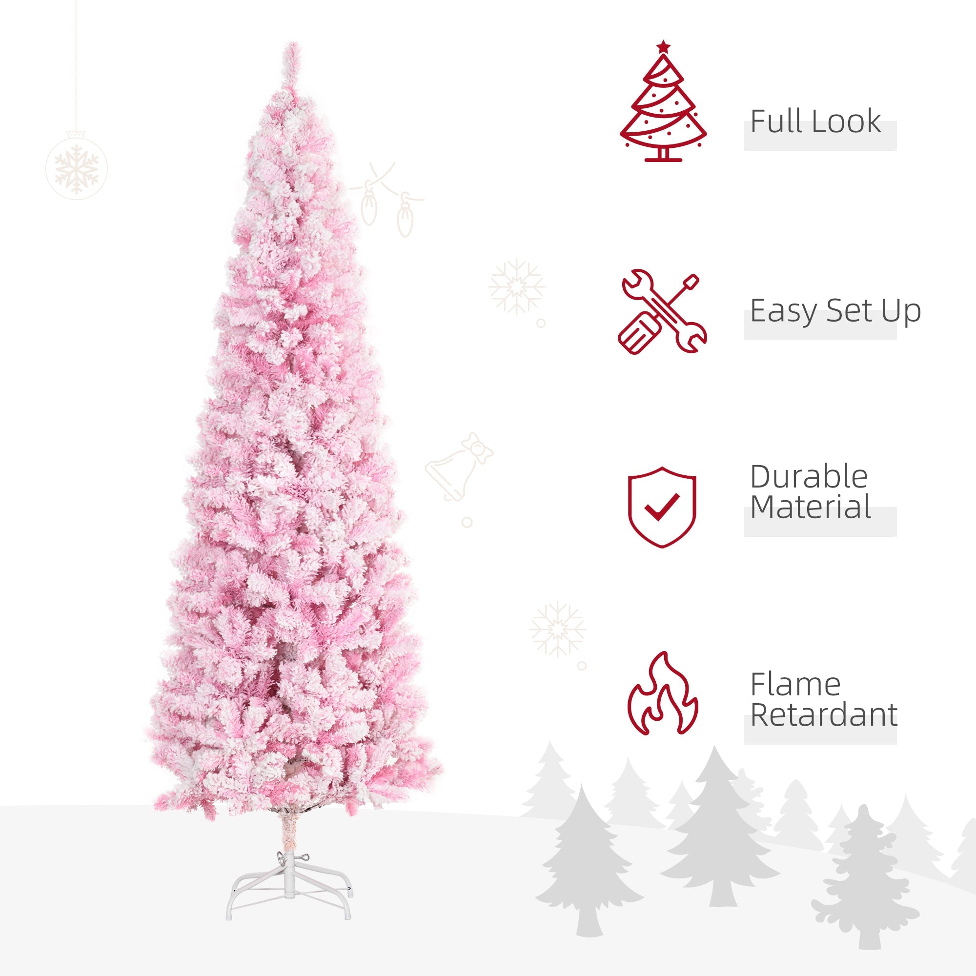 HOMCOM 6 Foot Snow Flocked Artificial Christmas Tree Pencil Xmas Tree with 520 Realistic Branches, Auto Open and Steel Base, Pink