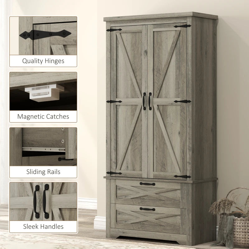 Farmhouse Kitchen Pantry Storage Cabinet, 64" Freestanding Kitchen Pantry Cabinet with Drawers, Distressed Grey