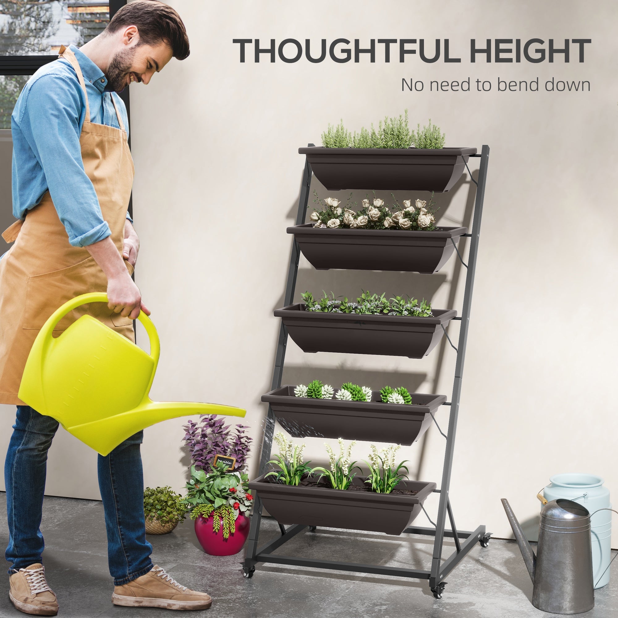 Outsunny Mobile 5-Tier Vertical Garden Planter with Wheels 5 Planting Boxes for Vegetables Flowers Brown Outdoor Stand