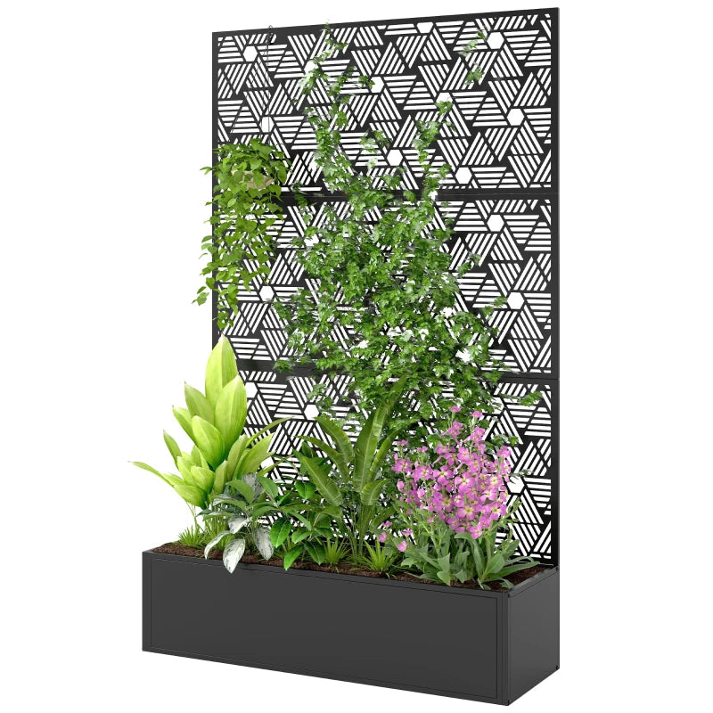 Metal Planter Box with Trellis, 70" Tall Raised Garden Bed with Privacy Screen, Hexagon and Line Cut-Out