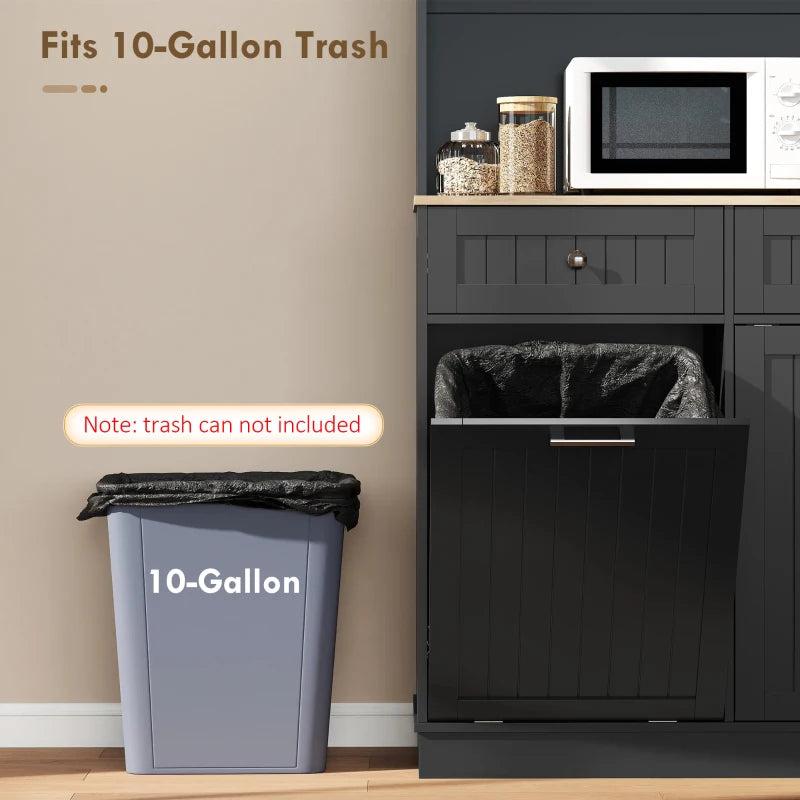 68" Pantry Cabinet with Charging Station, Storage Cabinet with Microwave Stand, 10 Gallon Trash Can Cabinet, Black