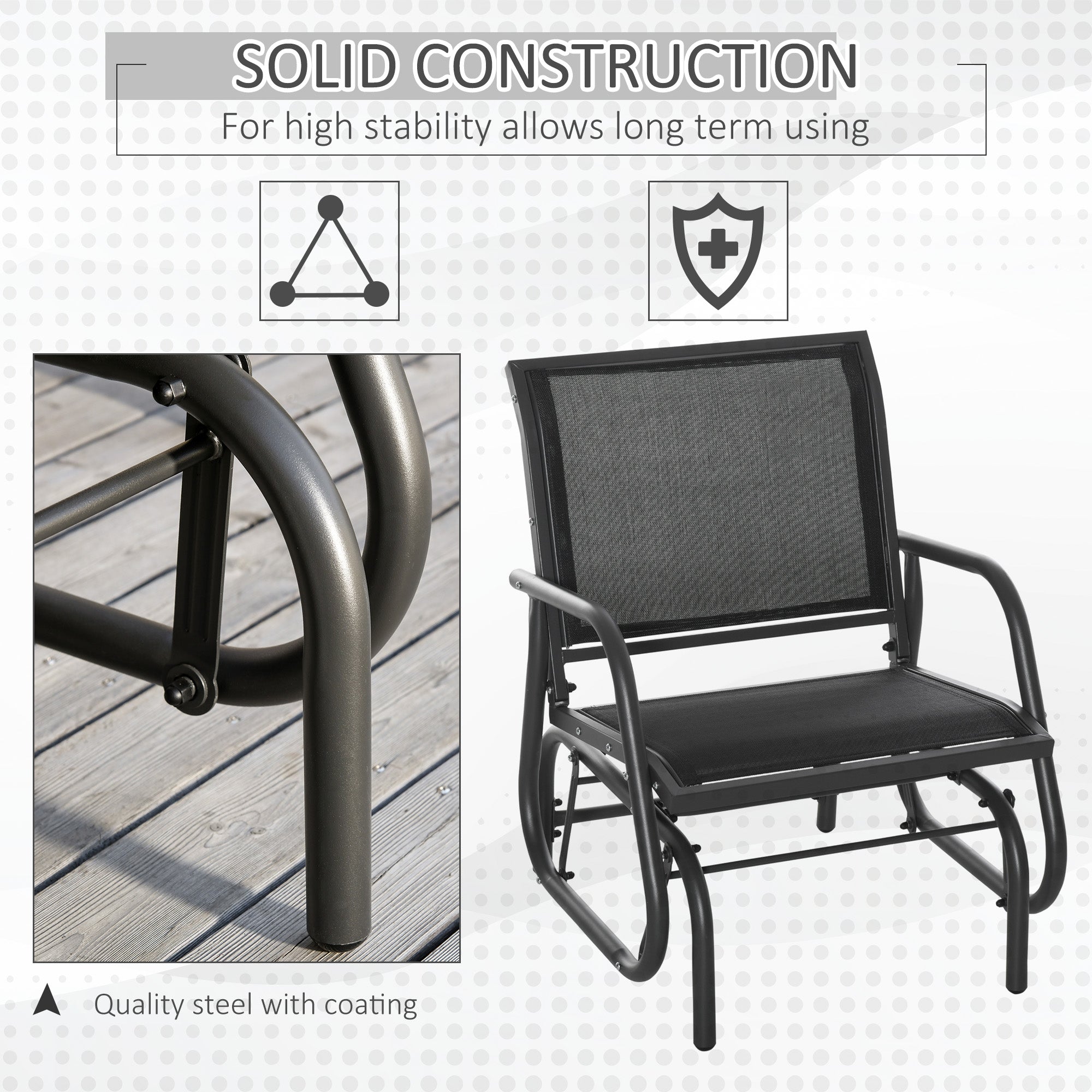 Outsunny Outdoor Glider Swing Chair with Breathable Mesh Seat and Backrest Steel Frame Curved Rocking Arms Dark Grey and Black