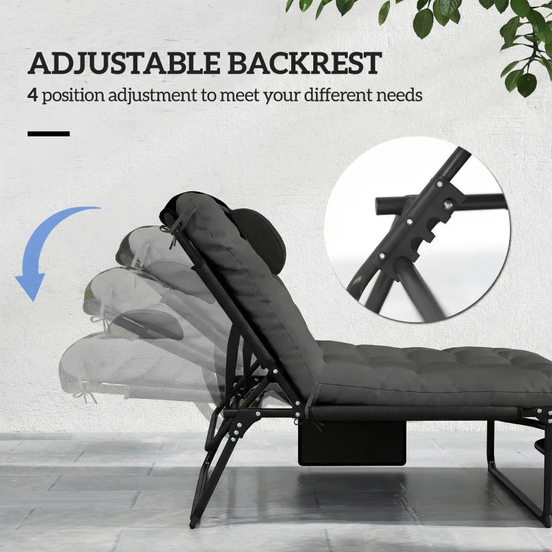 Folding Lounge Chair with 4-level Reclining Back & Cushion, Dark Grey
