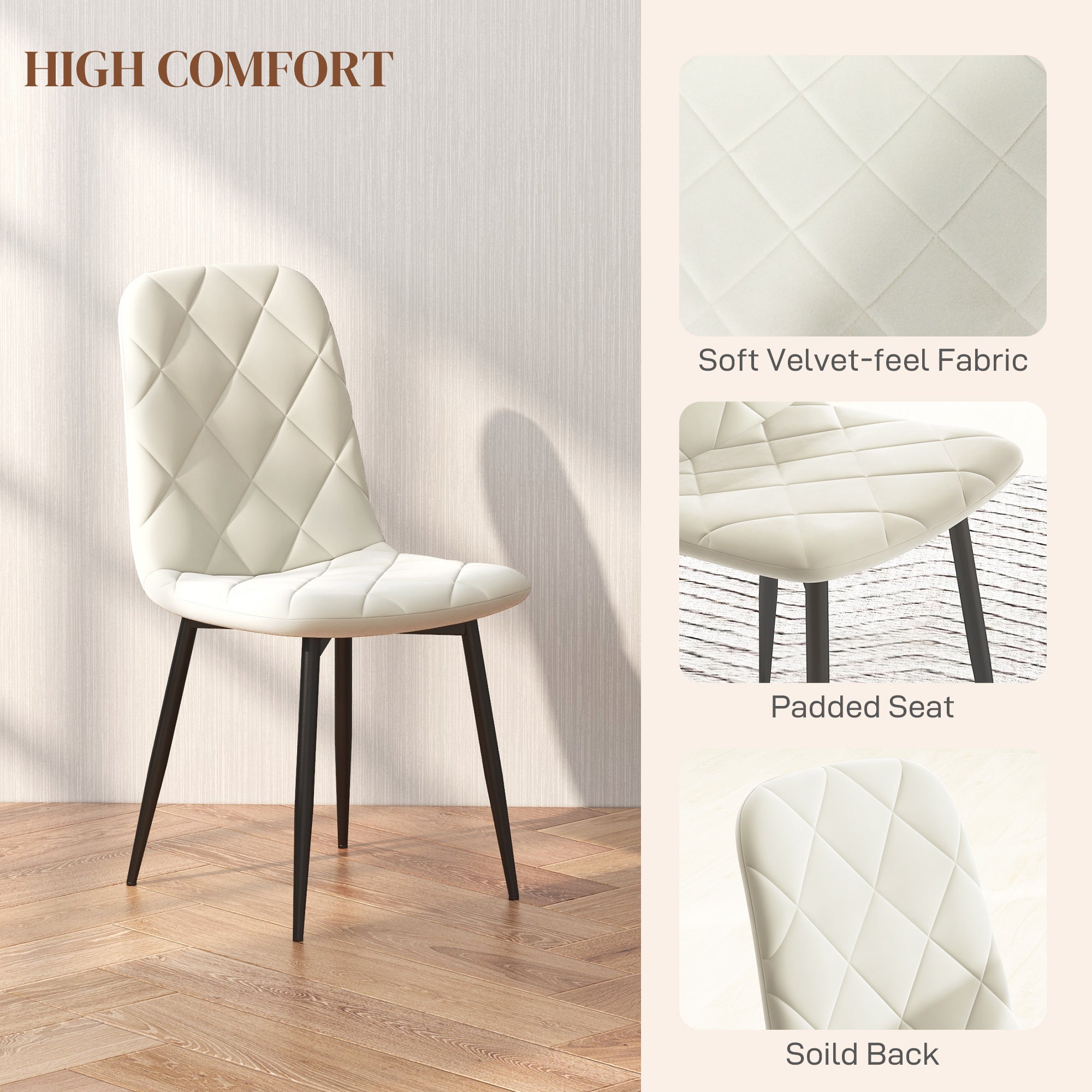 HOMCOM Set of 4 Upholstered Dining Room Chairs with Steel Legs Modern Kitchen Chairs Cream