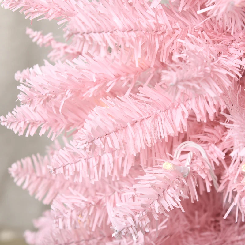 HOMCOM 5ft Pencil Christmas Tree, Slim Artificial Christmas Tree with Realistic Branches and Warm White LED Lights, Pink