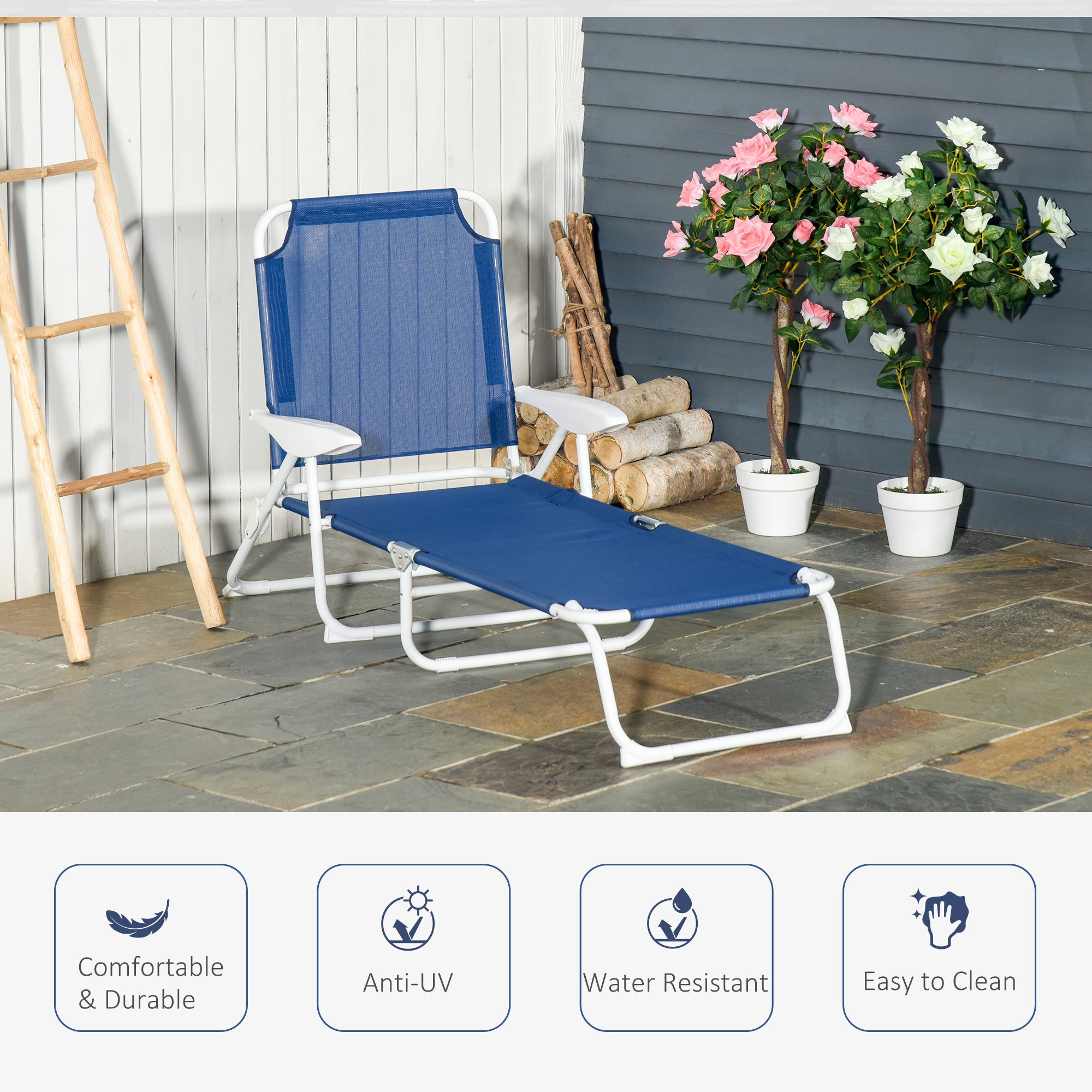 Outsunny Patio Sun Lounger Folding Garden Beach Recliner Chair with 4-Level Adjustable Backrest Blue