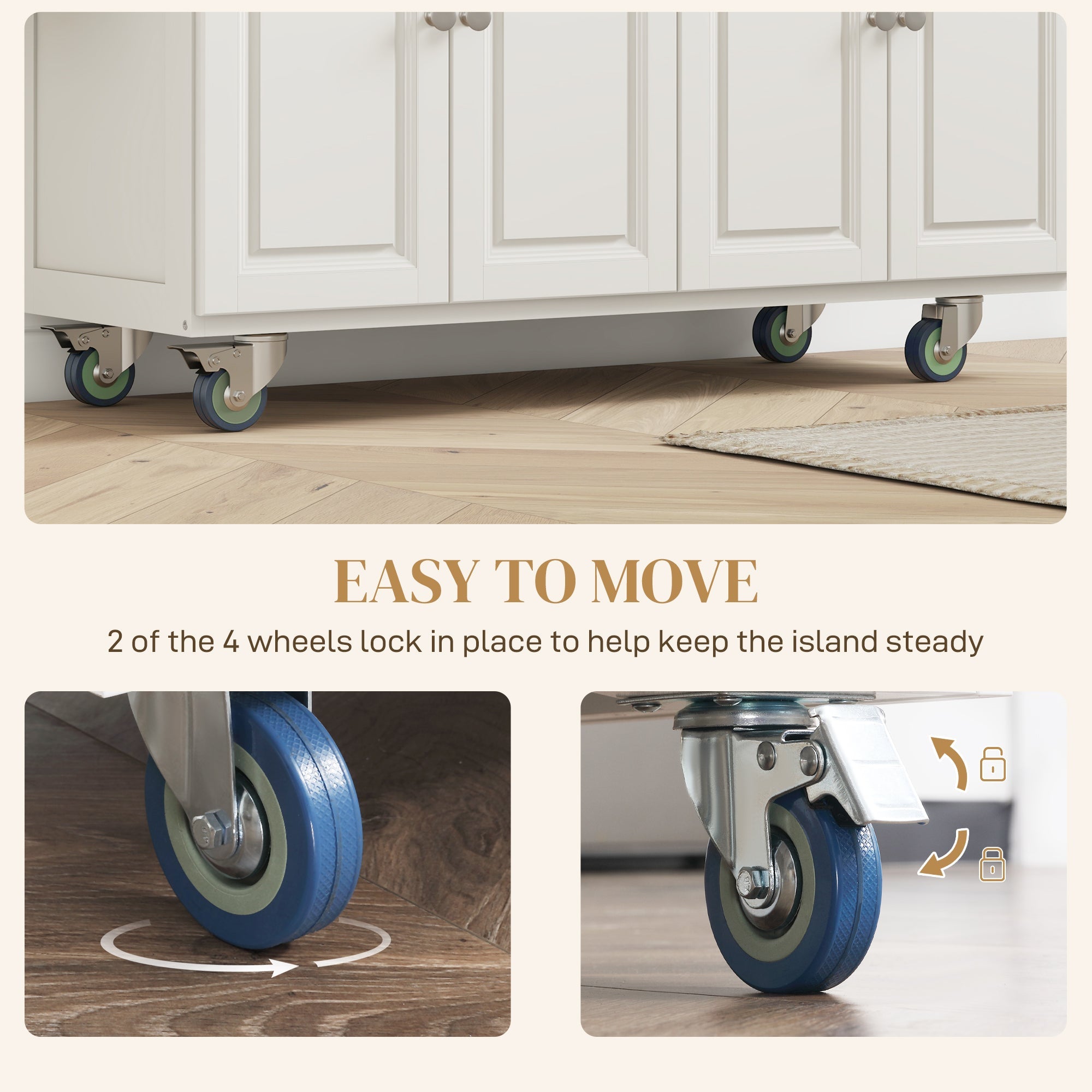 HOMCOM Kitchen Island with Storage, Rolling Kitchen Island with Drop Leaf, Rubber Wood Top and Adjustable Shelves, Cream White