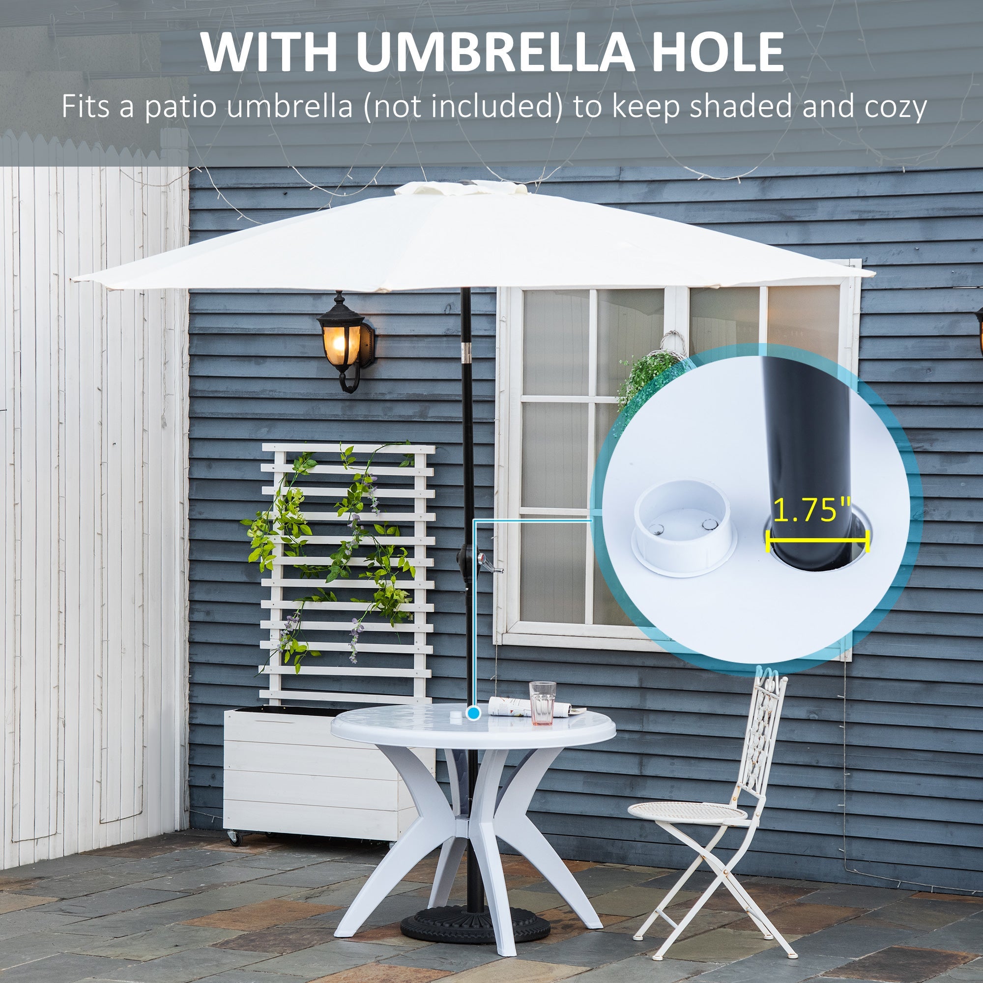 Outsunny Round Patio Dining Table with Umbrella Hole Outdoor Bistro Table for Garden Lawn Backyard White