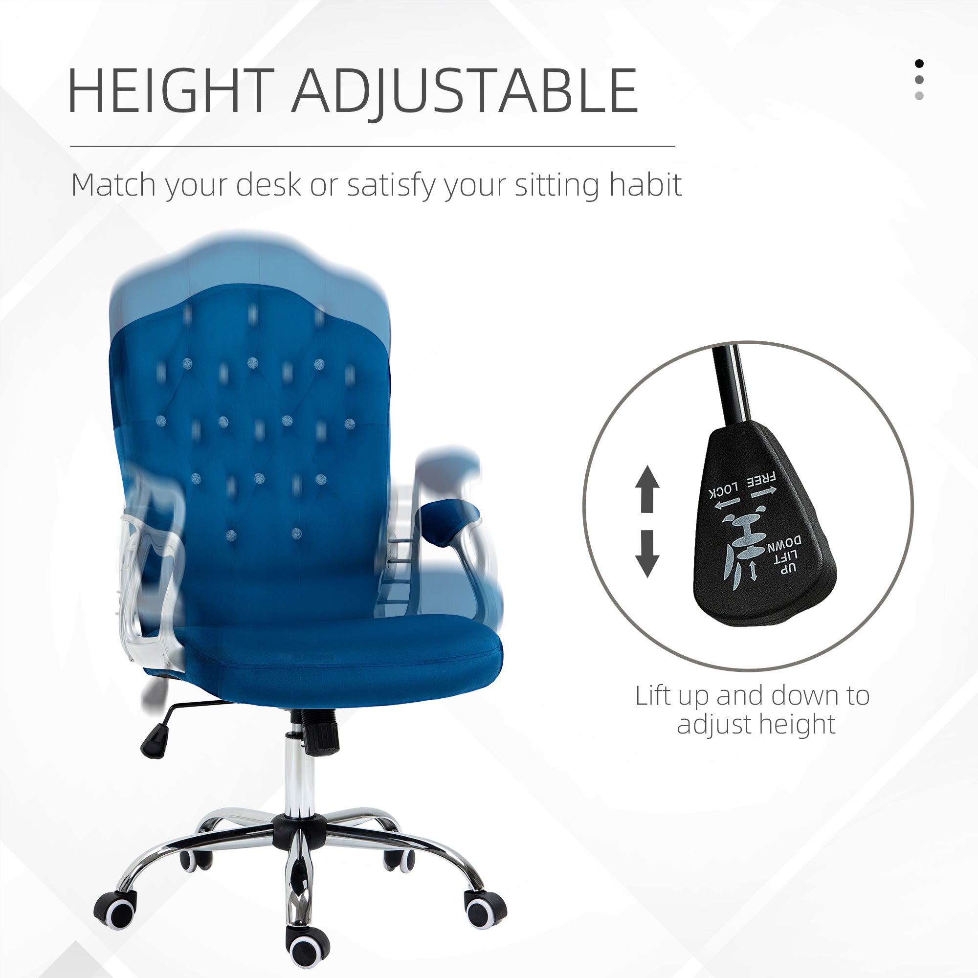 Vinsetto Elegant Velvet Office Chair: Blue Button Tufted, Swivel Desk Chair, Adjustable Height, Tilt Function