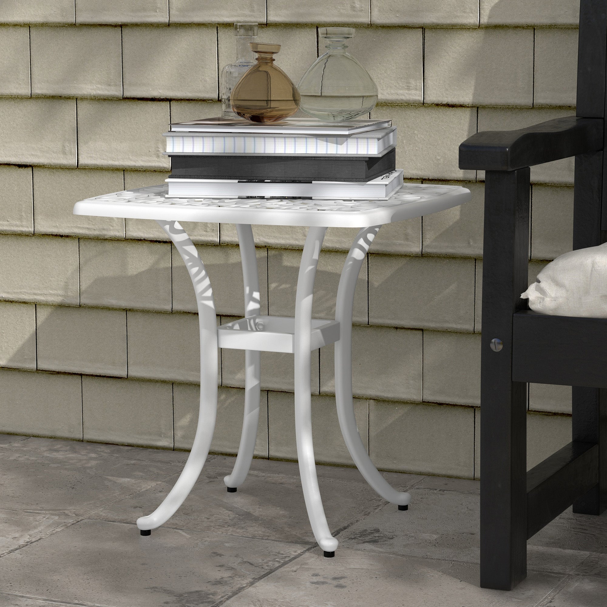Outsunny 21" Square Cast Aluminum Outdoor End Table with Umbrella Hole Patio Side Table for Garden Balcony Poolside White