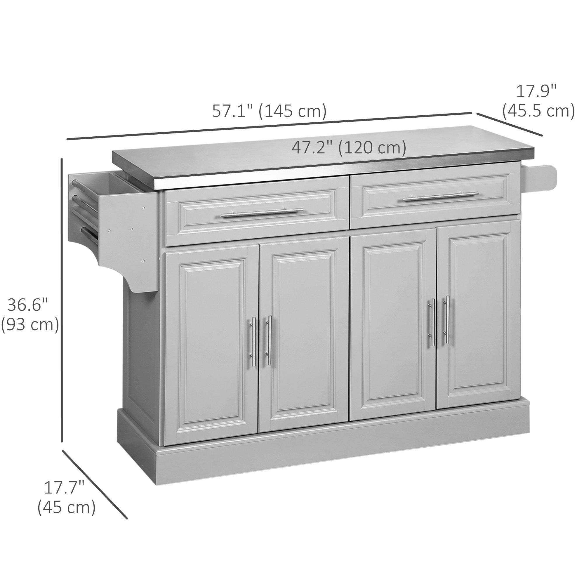 HOMCOM Rolling Kitchen Island with Storage and Stainless Steel Top, Kitchen Trolley with Drawers, Cabinets, Towel Rack