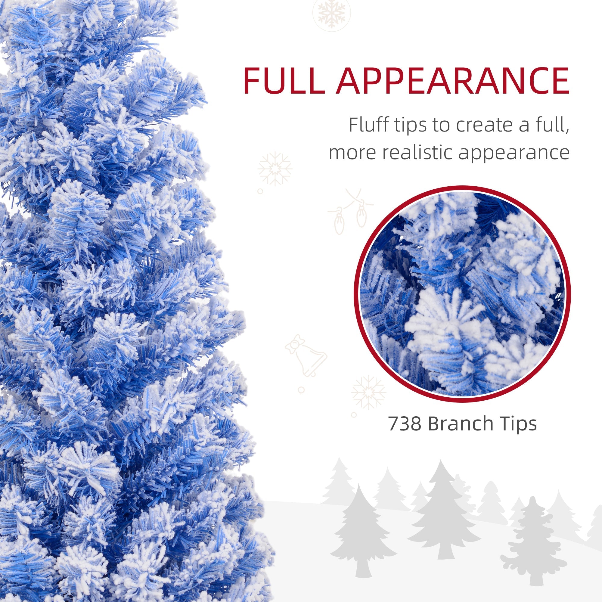 HOMCOM 7.5ft Flocked Christmas Tree, Pencil Christmas Tree with Realistic Branch Tips, Folding Metal Stand, Blue