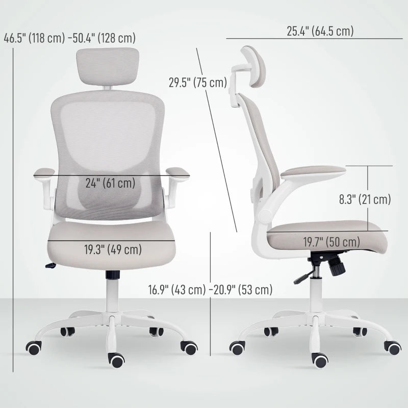 Ergonomic Office Chair, Mesh Desk Chair with Adjustable Headrest, Lumbar Support and Height, Flip-Up Armrests, Grey