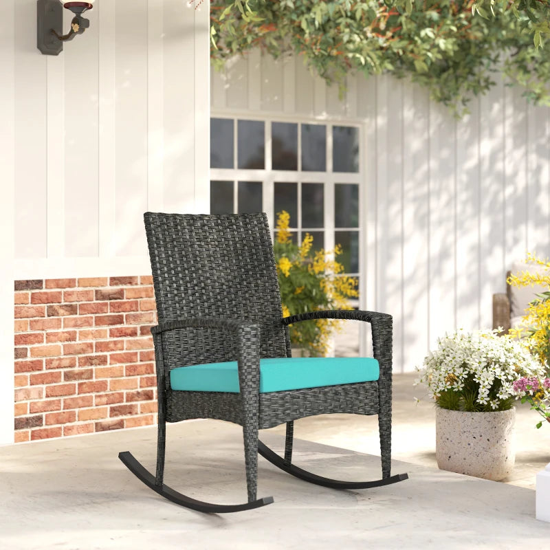 Outdoor Rocking Chair, Patio Wicker Chair Removable Cushion, High Back and Armrests for Porch Balcony, Turquoise