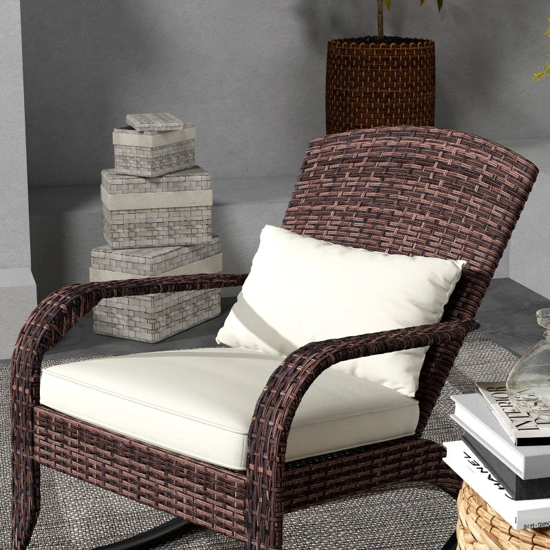Adirondack Chair, Outdoor Wicker Rocking Chair with High Back, Seat Cushion and Pillow for Porch, Balcony, Cream/Brown