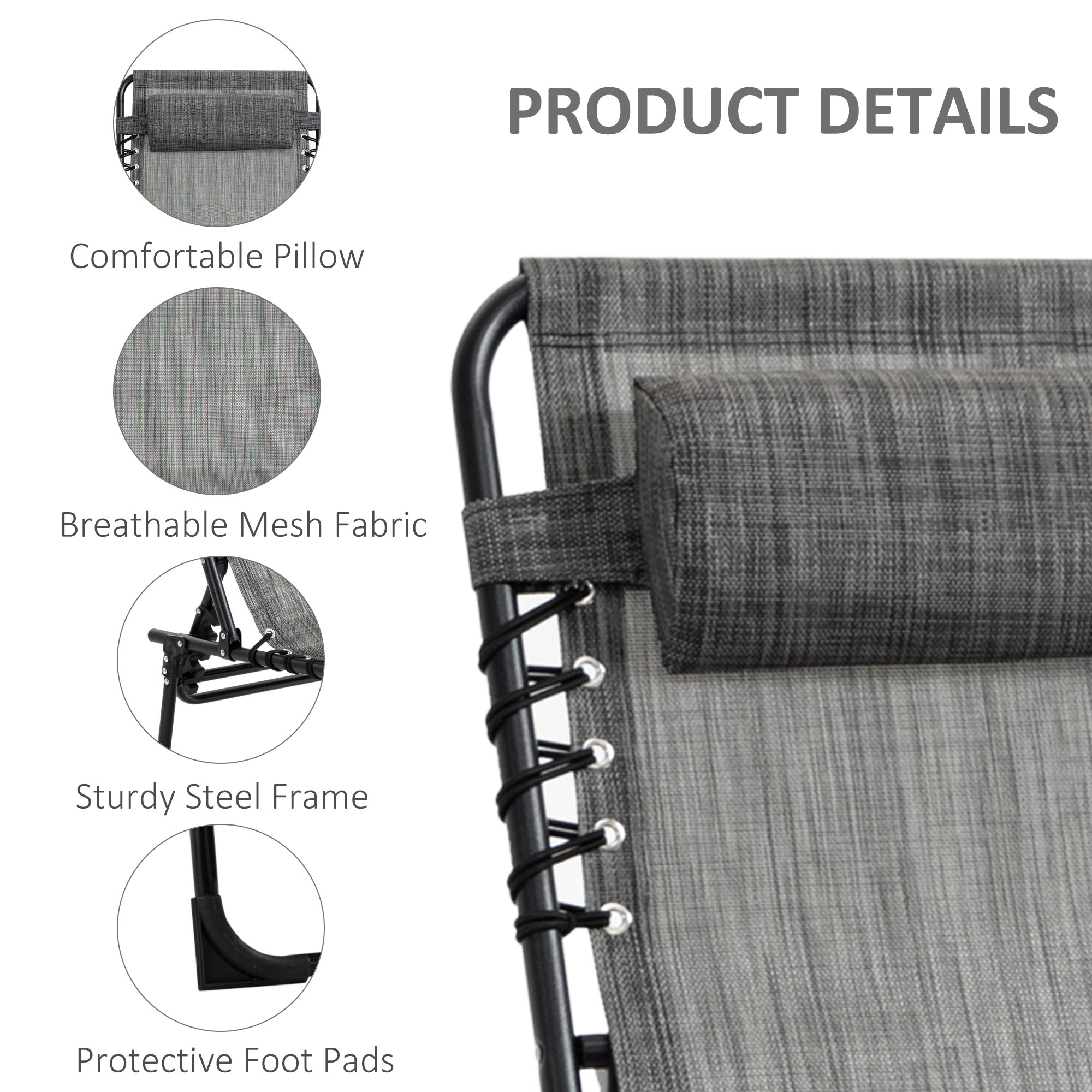 Outsunny Outdoor Folding Chaise Lounge, Reclining Lounge Chair with Adjustable Backrest and Removable Pillow, Mixed Grey