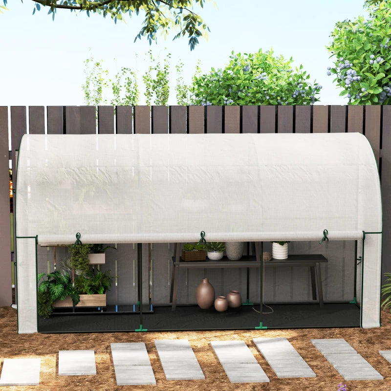Walk-in Lean-to Greenhouse, Outdoor Gardening Green House with Zipper Roll-up Doors and Window, 10' x 3' x 5', White