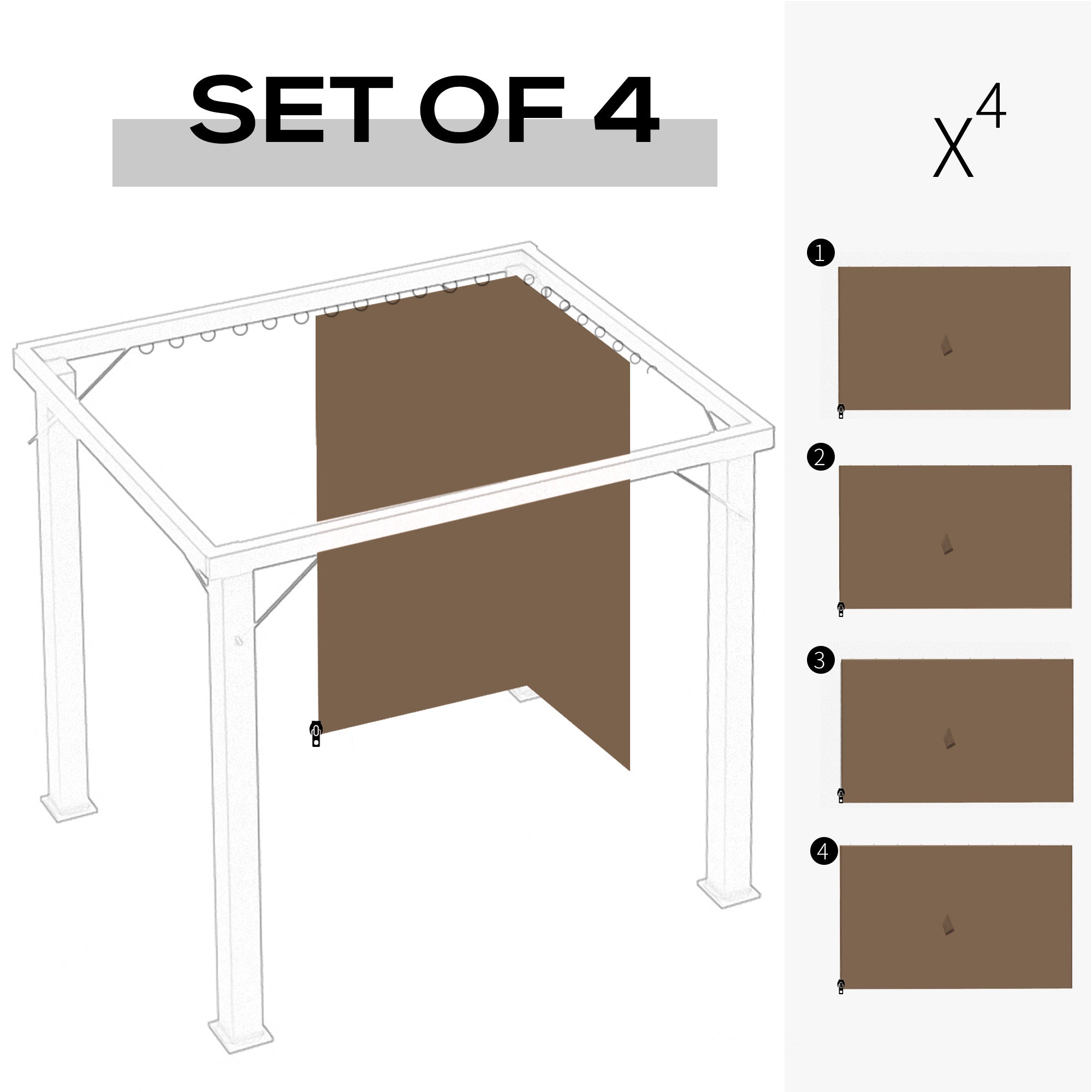 Outsunny Gazebo Curtain 10'x10' Sidewall Set 4 Panels with Hooks Brown for Outdoor Shelter