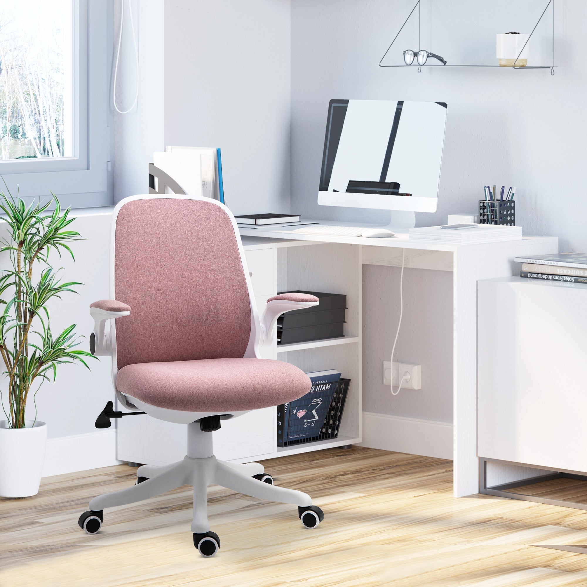 Vinsetto Breathable Fabric Office Chair 360° Swivel Task Chair with Flip-up Arms Adjustable Height Desk Chair Pink