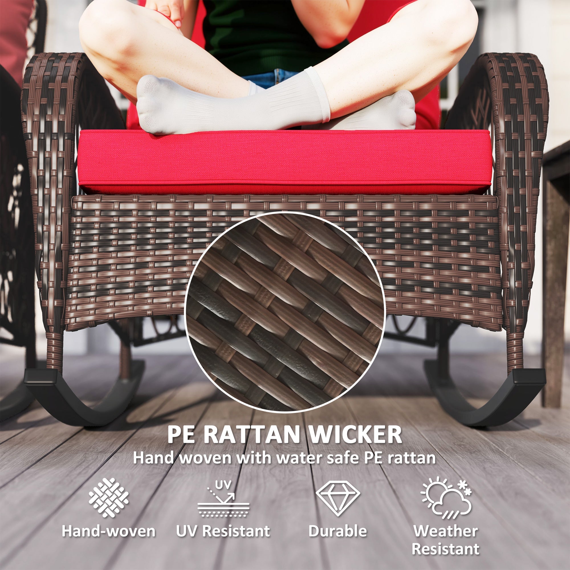 Outsunny Outdoor Wicker Rattan Rocking Chair Set of 2, Patio Rocker with Thick Cushions for Garden Backyard Porch, Red