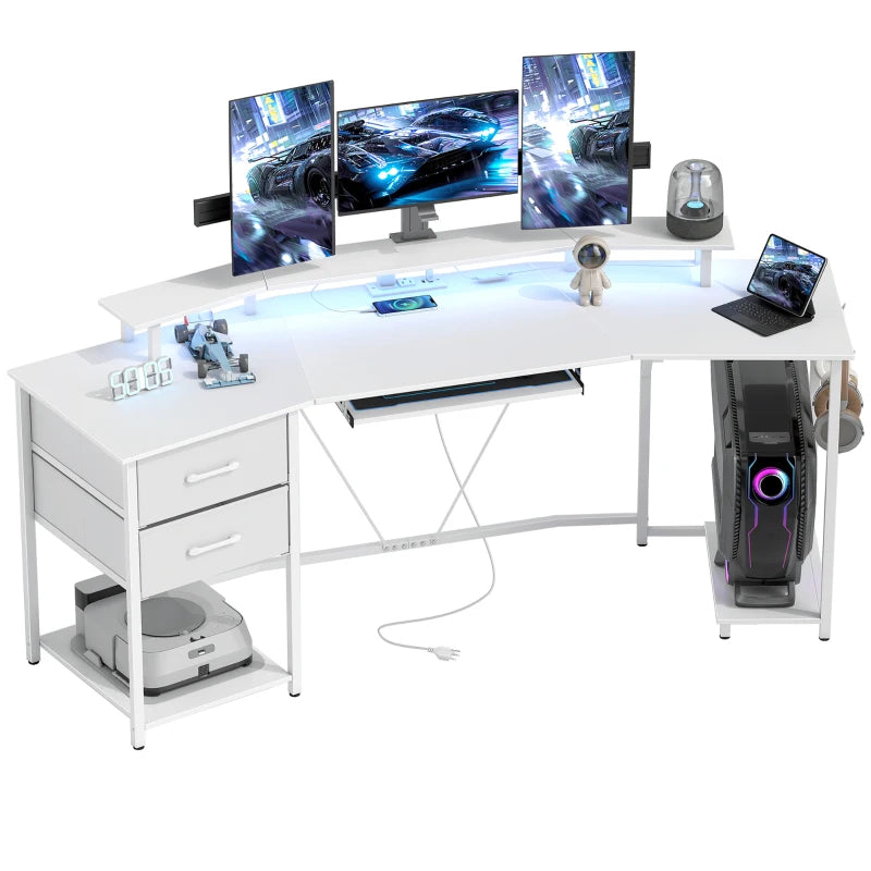 79 inch Gaming Desk with RGB Lights, Computer Table with Power Outlets & USB Ports, Keyboard Tray and 2 Drawers, White