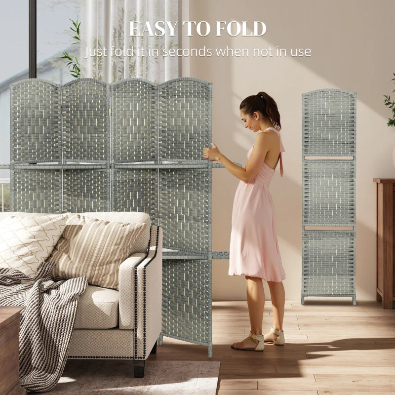 6 FT Privacy Screen, 4 Panel Room Divider with Shelves for Living Room Bedroom Home Office, Grey