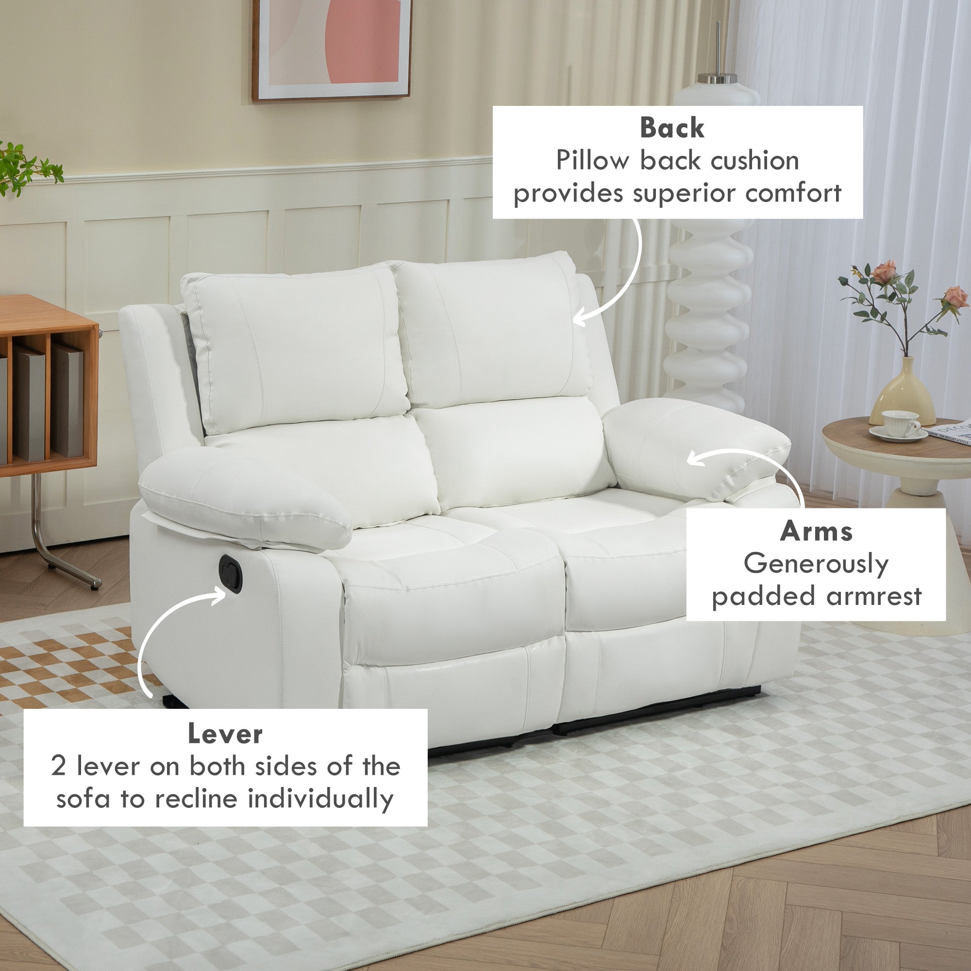 HOMCOM PU Leather Manual Recliner Sofa, Double Reclining Loveseat with Pullback Control Footrest for Living Room, White
