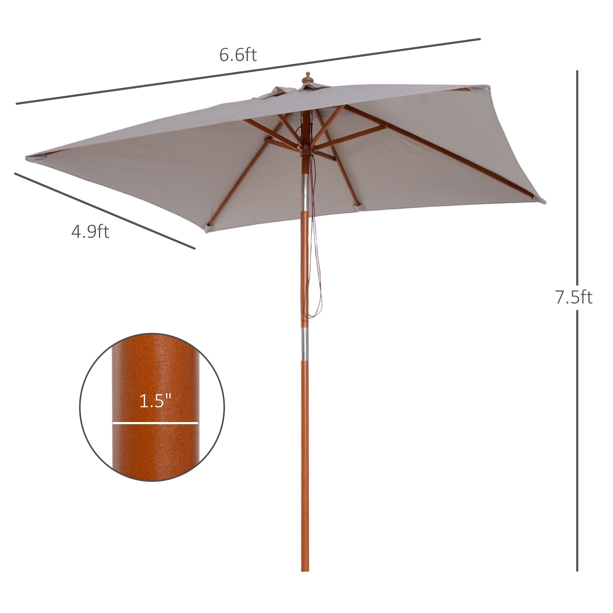 Outsunny Square Fir Wood Patio Umbrella: 6.6x5ft Tilt Mechanism with 6 Ribs Sunshade, Grey