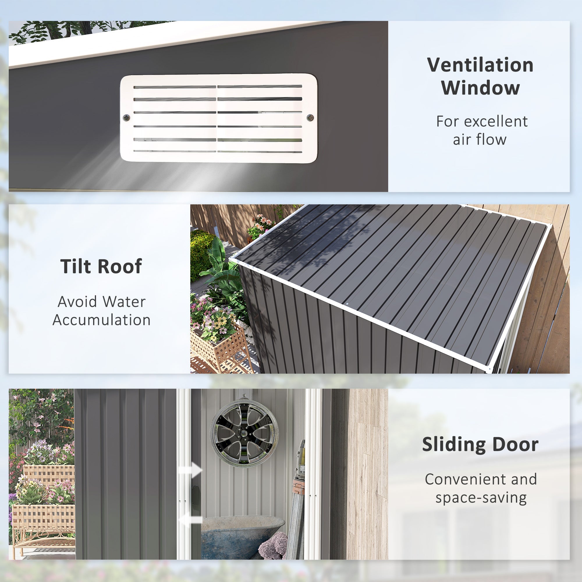 Outsunny 5'x7' Lean to Galvanized Metal Shed with Foundation, Garden Tool Storage House with Sliding Door and 2 Vents, Dark Grey