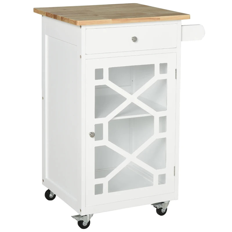 Kitchen Cart on Wheels, Rolling Kitchen Island with Drawer, Glass Door, Towel Rack and Adjustable Shelf, White