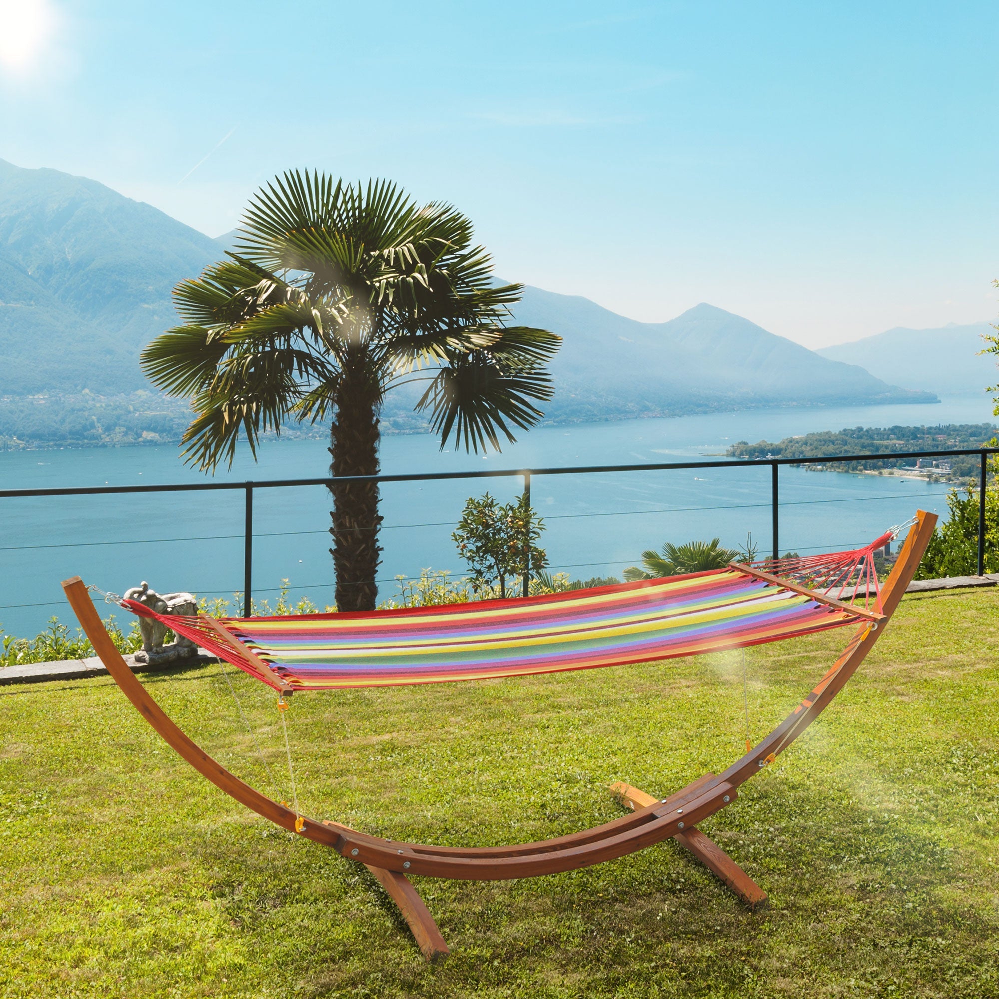 Outsunny 10' Outdoor Swing Hammock, Hammock with Wood Stand Rainbow Bed, Heavy Duty Roman Arc Hammock, Multi Color