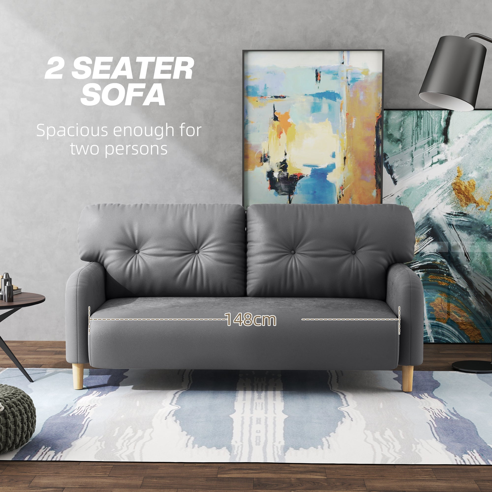 HOMCOM Loveseat Sofa 58" 2 Seat Modern Upholstered 2 Seater Couch Solid Wood Frame Grey Furniture