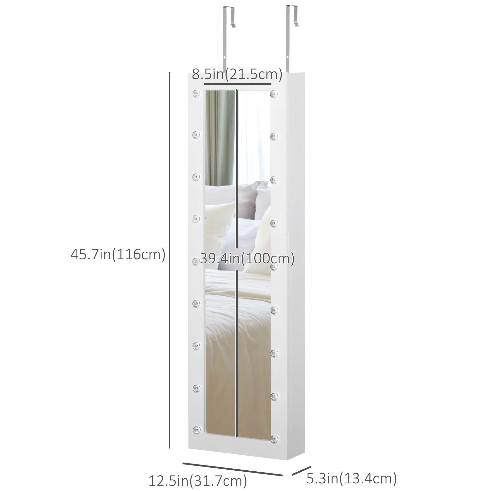 HOMCOM Wall-Mount Jewelry Cabinet: With 18 LED Lights, Mirror, 3 Adjustable Heights, White