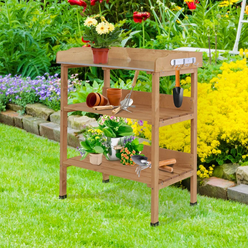 Outdoor Garden Wooden Potting Bench Work Station Table Tool Storage Shelf w/ Hooks, Natural