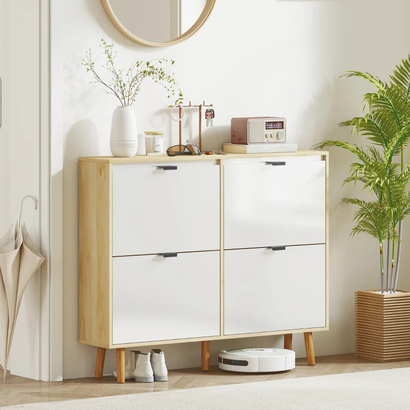 Narrow Shoe Cabinet, High Gloss Shoe Storage Cabinet with 4 Flip Drawers and Adjustable Shelves, Holds 20 Pairs, White