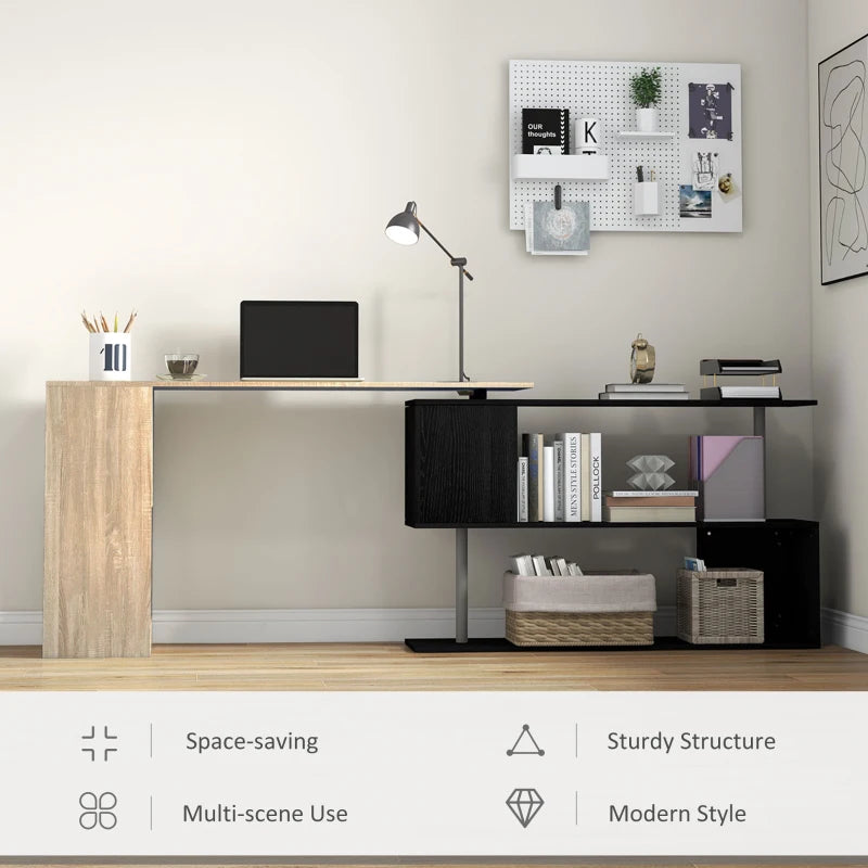 55" Corner Computer Desk, 360° Rotating L-Shaped Desk, Home Office Workstation with 3-Tier Shelves, Bookshelf